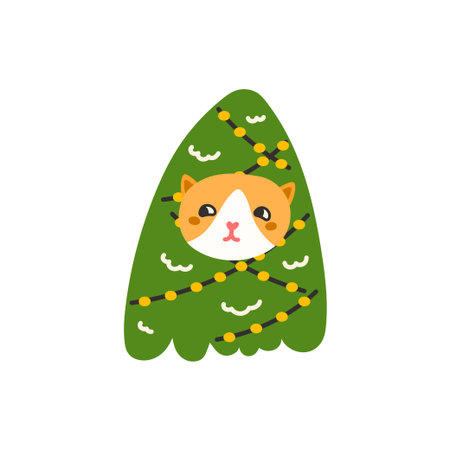 Vector illustration of a cute cat with Christmas and New Year elements, perfect for holiday designs, stickers, clipart, decorating seasonal projects, winter party prints, and festive decorations.のイラスト素材