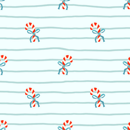 Seamless vector pattern with Christmas candy canes tied with bows, Xmas background. Perfect for wrapping paper, textiles, and seasonal packaging design. Ideal for winter and New Year themes.の写真素材
