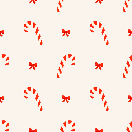 Seamless vector pattern with Christmas candy canes tied with bows, Xmas background. Perfect for wrapping paper, textiles, and seasonal packaging design. Ideal for winter and New Year themes.の写真素材
