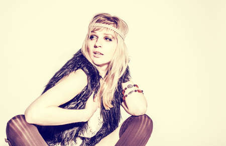 	Beautiful young woman hippie on white backgroundの写真素材