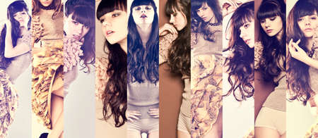 Fashion model brunette with long curly hairの写真素材