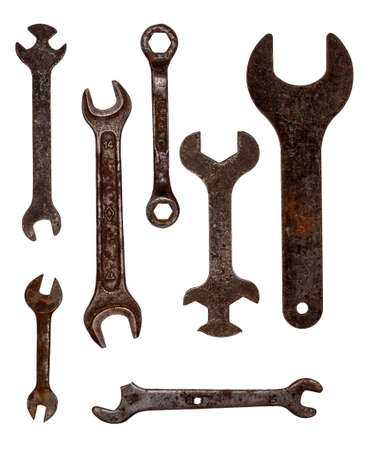Old rusty wrenches. Intricate shape. Tool kit on white background. Isolate.