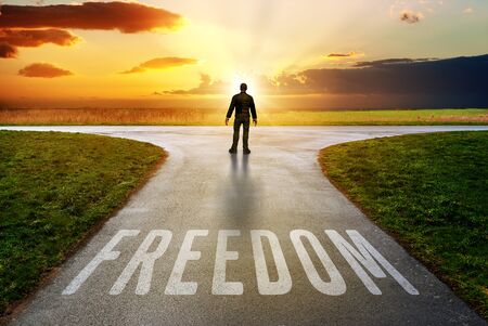 Freedom lettering on a path towards a beautiful sunset on the horizonの写真素材