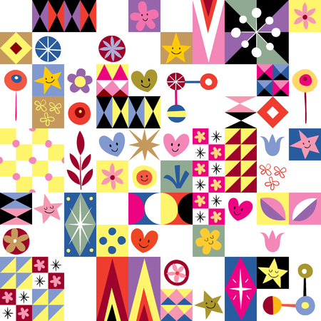 hearts, stars and flowers abstract art patternのイラスト素材