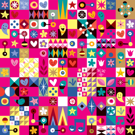 cute hearts, stars and flowers abstract art patternのイラスト素材