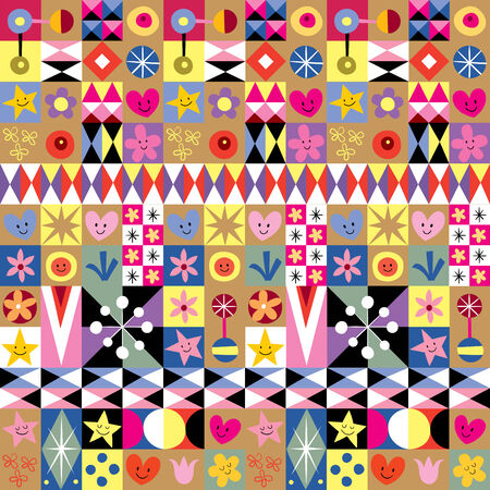hearts, stars and flowers abstract art patternのイラスト素材
