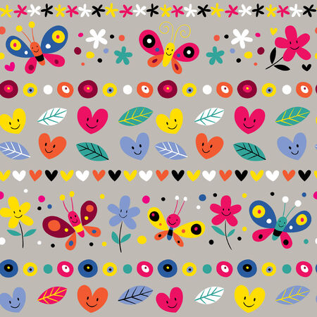 cute butterflies, hearts and flowers patternのイラスト素材