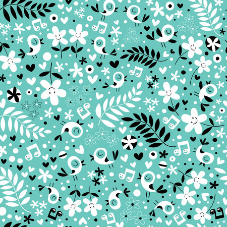 birds and flowers turquoise blue seamless patternのイラスト素材