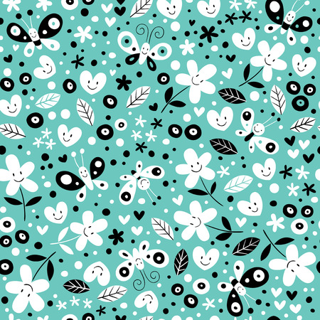cute butterflies, hearts and flowers turquoise blue patternのイラスト素材