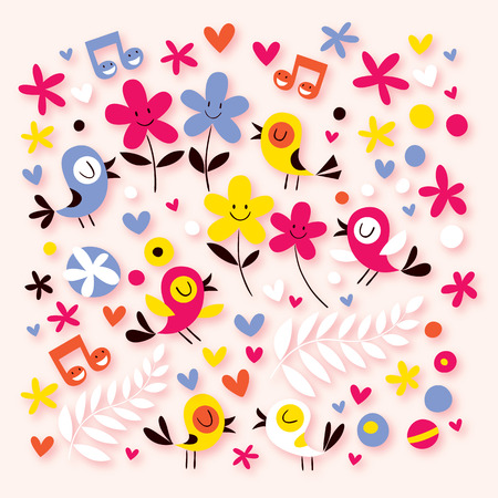 cute birds and flowersのイラスト素材