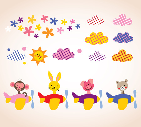 cute animals in airplanes kids design elements setのイラスト素材