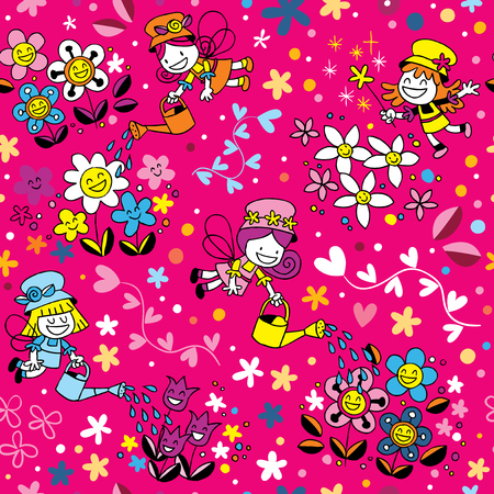 Garden angels watering flowers patternのイラスト素材