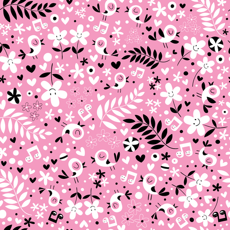cute birds and flowers pink seamless patternのイラスト素材