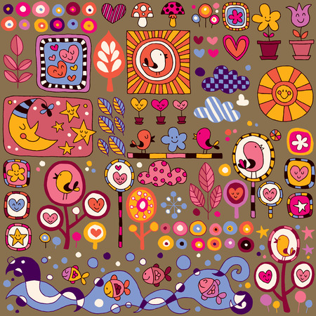 colorful nature cartoon patternのイラスト素材