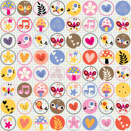 cute flowers, birds and hearts patternのイラスト素材