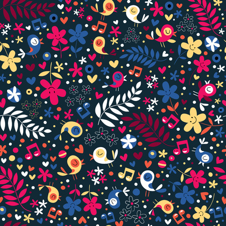 cute birds and flowers patternのイラスト素材