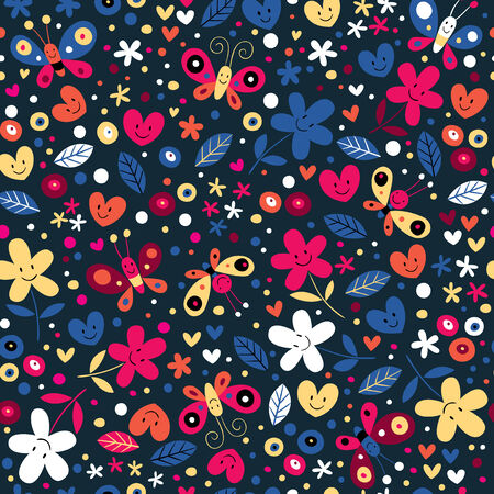 cute butterflies, hearts and flowers patternのイラスト素材