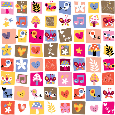 cute flowers, birds, hearts patternのイラスト素材