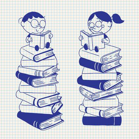 cute kids reading on a big pile of booksのイラスト素材
