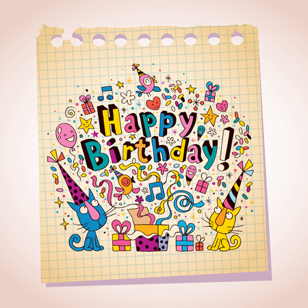Happy Birthday cute kittens note paper cartoon sketchのイラスト素材
