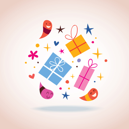 gifts with cute characters, sparks and starsのイラスト素材