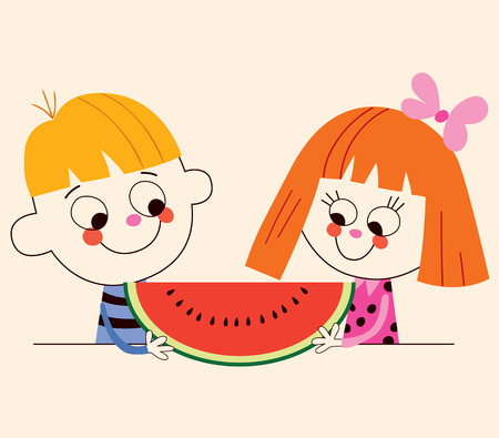 little boy and little girl with watermelonのイラスト素材