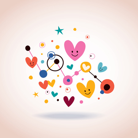abstract art illustration with cute cartoon hearts and dotsのイラスト素材