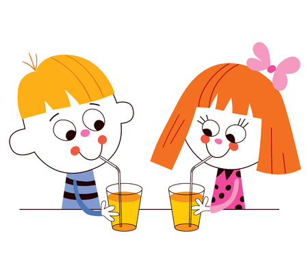 little boy and girl drinking juiceのイラスト素材