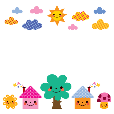 cute houses, tree, sun, mushroom, clouds kids background illustrationのイラスト素材