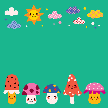 mushrooms, clouds, sun nature background illustrationのイラスト素材