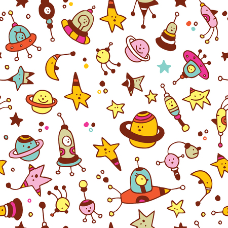 aliens, planets, stars, space cosmos seamless patternのイラスト素材