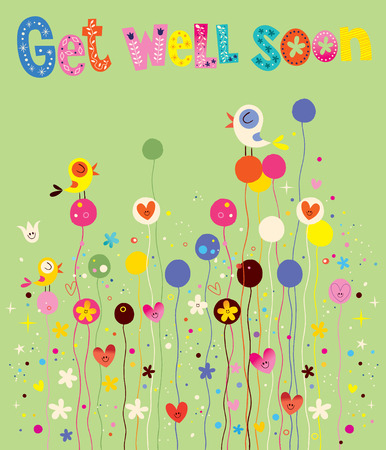 Get well soon card with birds, flowers and heartsのイラスト素材