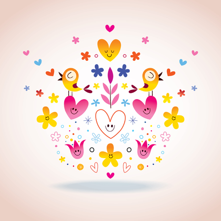 flowers, hearts & birds illustrationのイラスト素材