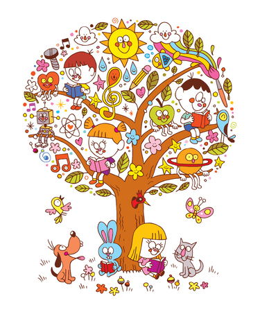 kids reading on a treeのイラスト素材