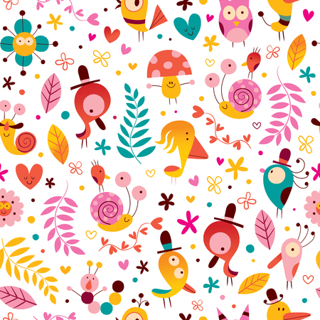 flowers birds snails characters nature seamless patternのイラスト素材