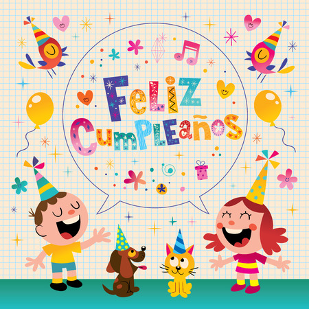 Feliz Cumpleanos - Happy Birthday in Spanish kids greeting cardのイラスト素材