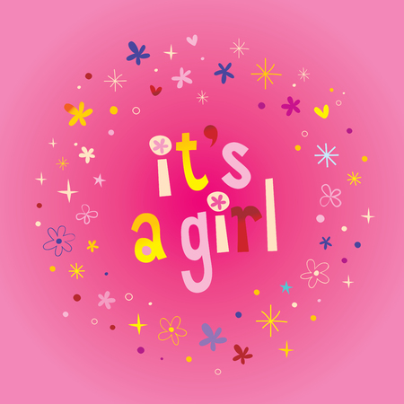 its a girl card with stars and hearts on pink background. Vector illustration.のイラスト素材