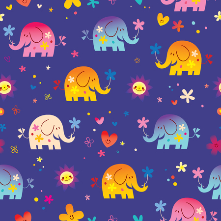 Cute elephants and flowers seamless pattern.のイラスト素材