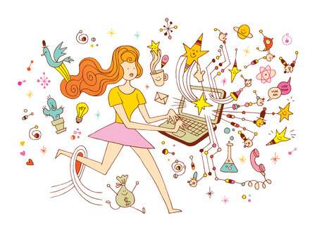 Girl programmer - startup creative business launch success laptop computer innovation freelance working concept cartoon illustrationのイラスト素材