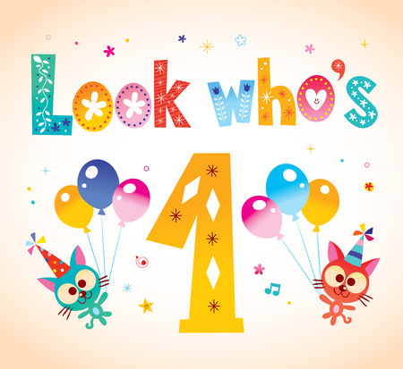 Look who's one - first birthday card with cute kittensのイラスト素材