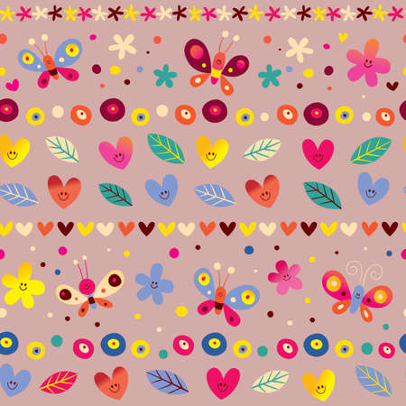 hearts, butterflies and flowers seamless patternのイラスト素材