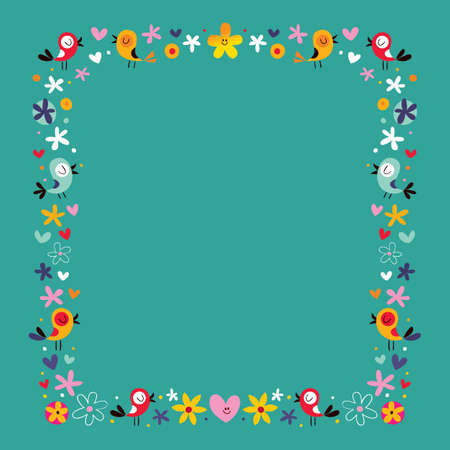birds and flowers nature decorative borderのイラスト素材