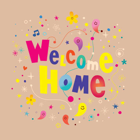Welcome home unique banner with cute little charactersのイラスト素材