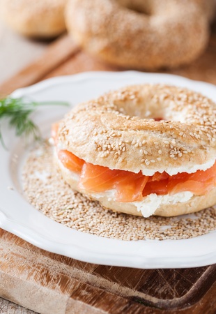 fresh american bagel with cream cheese and smoked salmonの写真素材