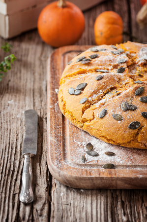 pumpkin bread on rustic tableの写真素材