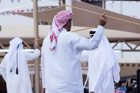 Emirates men perform a Yawalah traditional dance in Janadriyah Festival Essay February 23, 2018 in Riyadh, Saudi Arabiaのeditorial素材