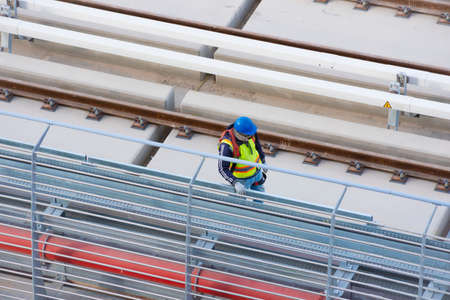 Riyadh, Saudi Arabia, KSA - February 25, 2020 worker in metro railway station being constructed in...