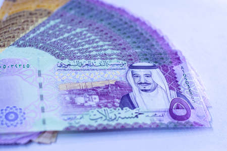 Saudi Arabia money, banknotes detailed background photo textureの写真素材