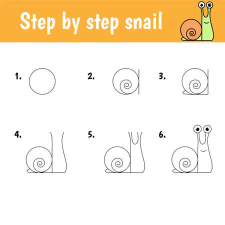 Kid educational game sheets with easy gaming level for preschool. Tutorial for drawing snailのイラスト素材
