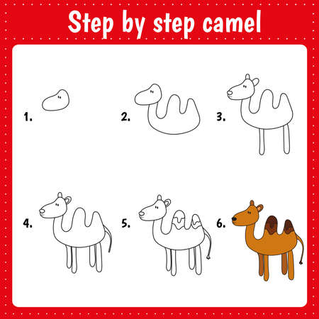 Drawing lesson for children. How to draw a camel. Drawing tutorial for kids. Step by step repeats the picture. Kids activity art page for book. vector illustration.のイラスト素材